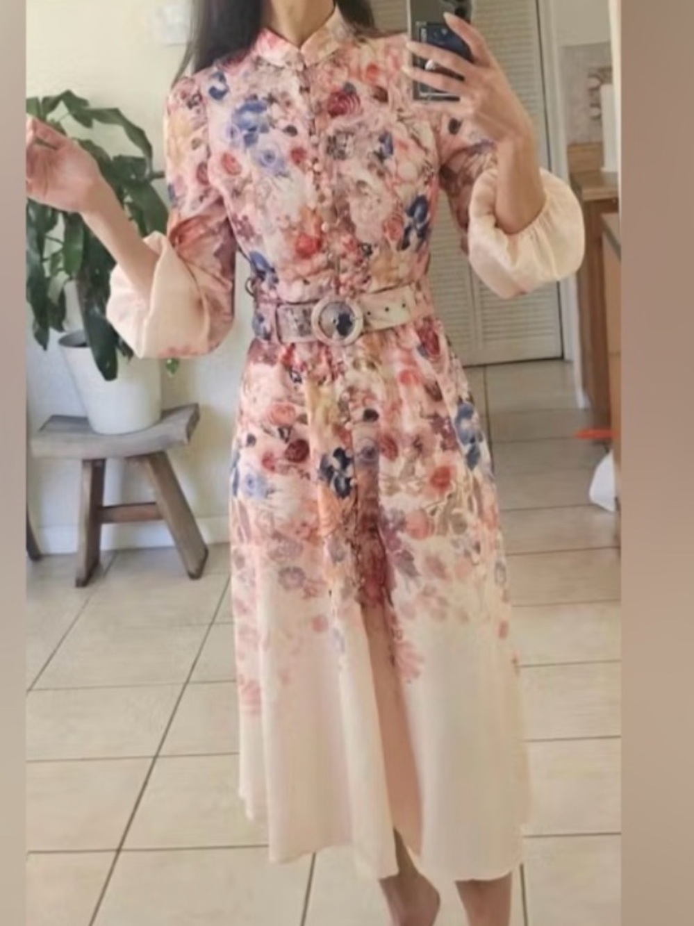 Commense Cream Floral Belted Midi Dress with Pastel Bouquet - Picture 3 of 13